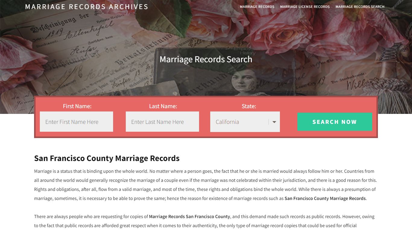 San Francisco County Marriage Records | Enter Name and Search
