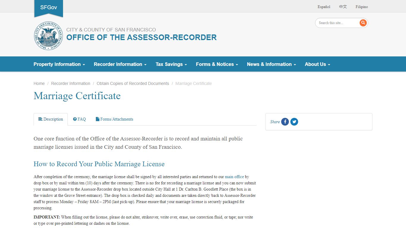 Marriage Certificate | CCSF Office of Assessor-Recorder